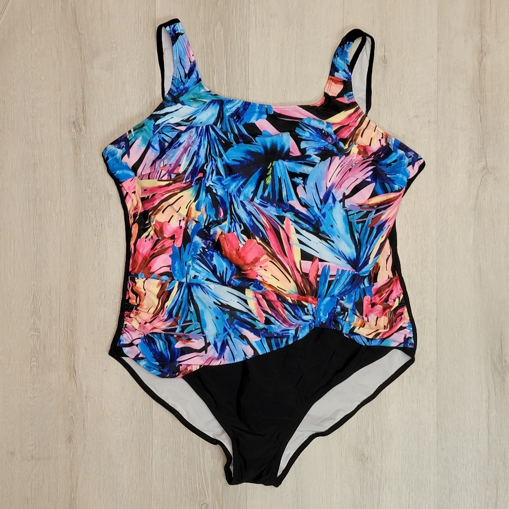 One piece XXL multi-colored bathing suit with tie in the front.